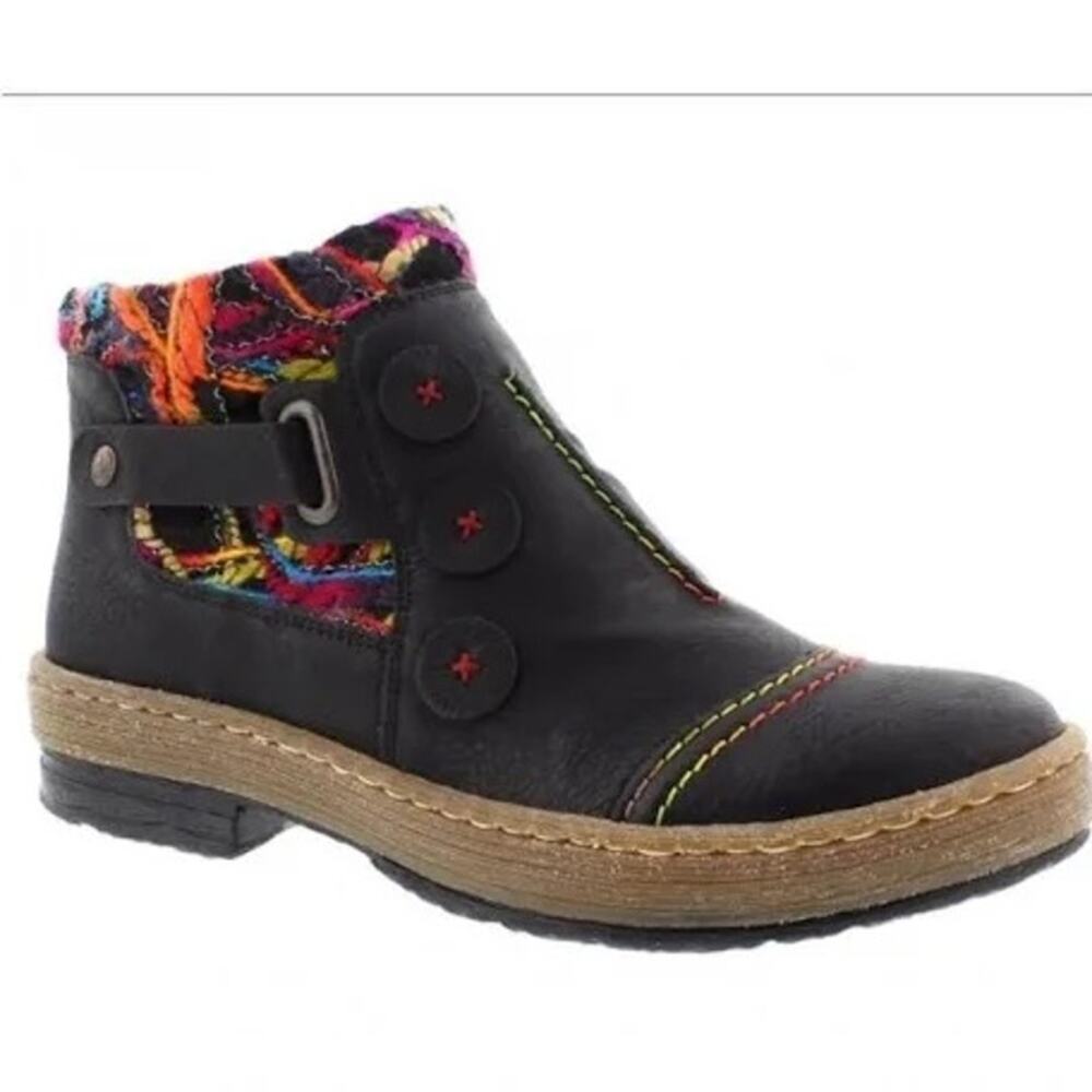Rieker Felicitas 59 Black Embroidered Ankle Boots EU 38 Artsy Boho Eclectic
